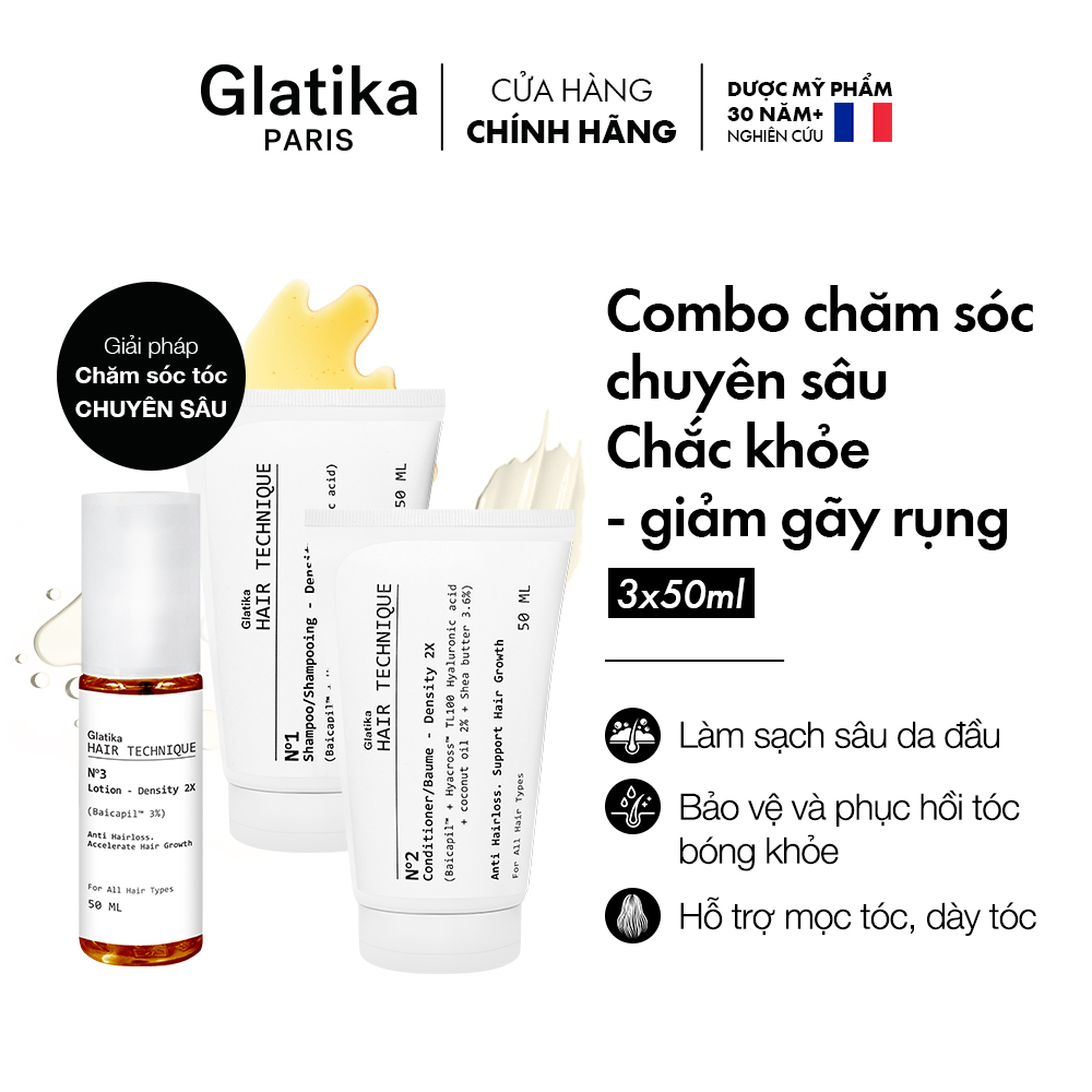 Combo minisize 3 bước Glatika Hair Technique Density 2X gồm dầu gội, dầu xả và xịt dưỡng giúp tóc chắc khỏe