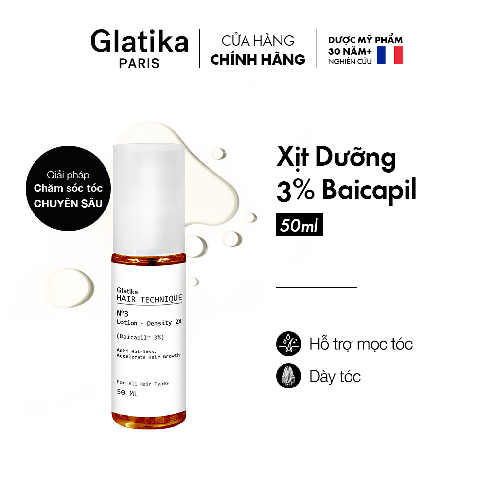 Xịt dưỡng mọc tóc Glatika Hair Technique Density 2X minisize 50ml với Baicapil 3% giúp giảm rụng và kích thích tóc mọc chắc khỏe