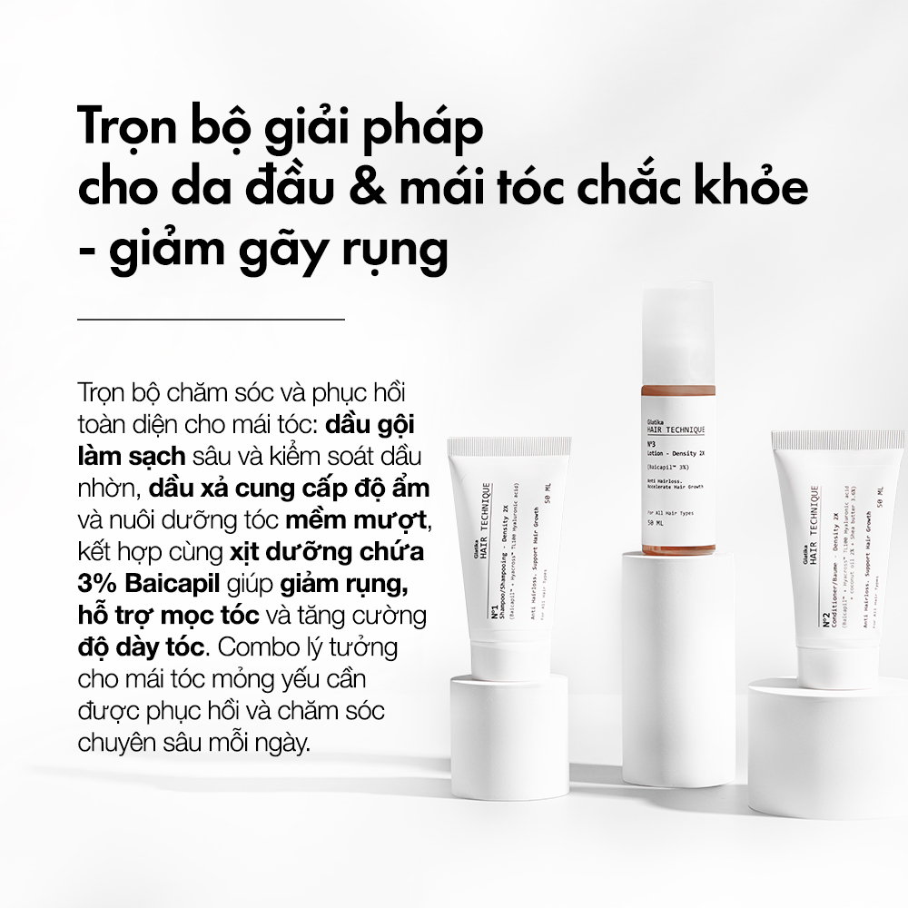 Combo minisize 3 bước Glatika Hair Technique Density 2X gồm dầu gội, dầu xả và xịt dưỡng giúp tóc chắc khỏe