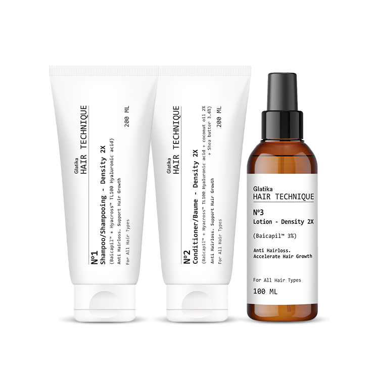 Combo 3 bước Glatika Hair Technique Density 2X gồm dầu gội, dầu xả và xịt dưỡng giúp tóc chắc khỏe