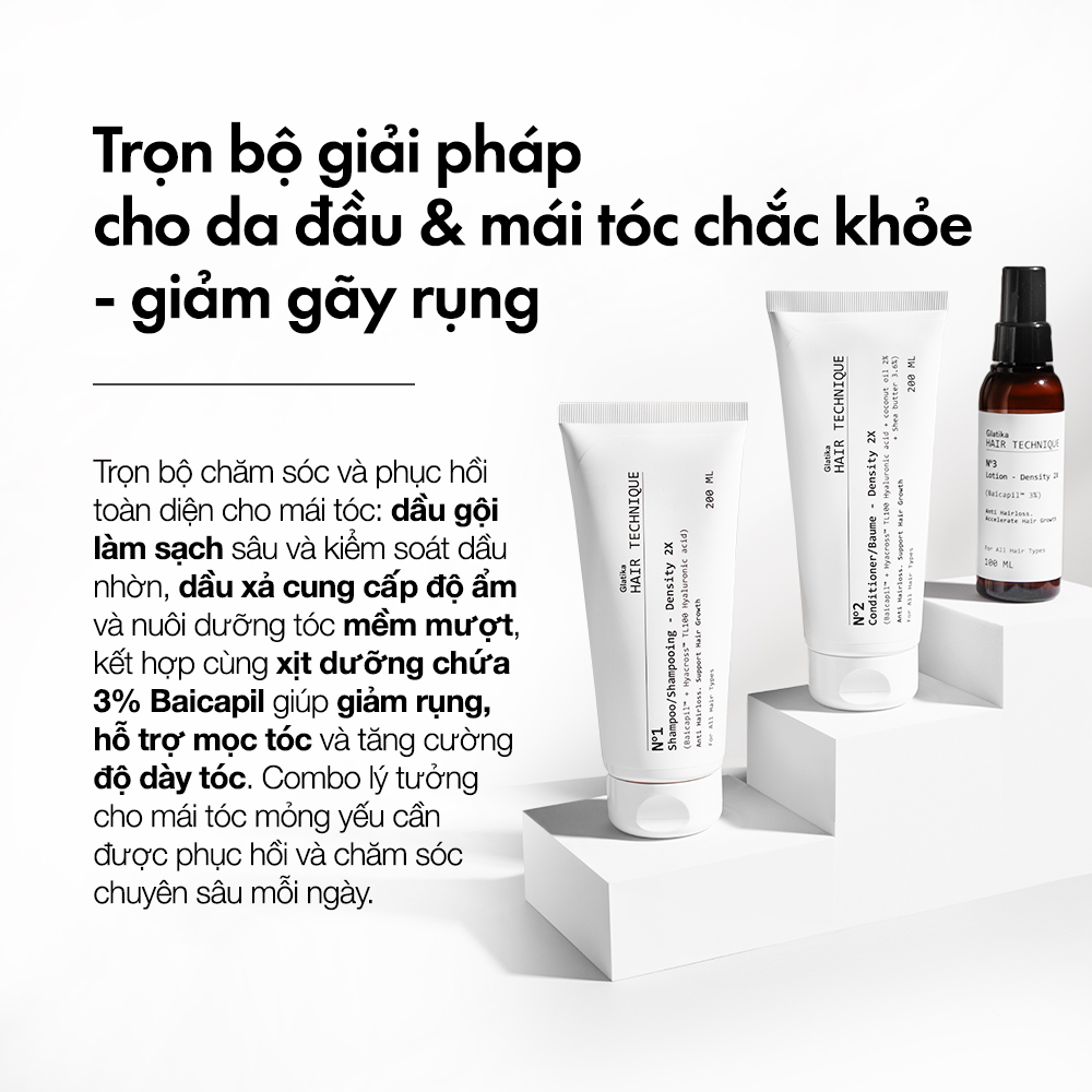 Combo 3 bước Glatika Hair Technique Density 2X gồm dầu gội, dầu xả và xịt dưỡng giúp tóc chắc khỏe