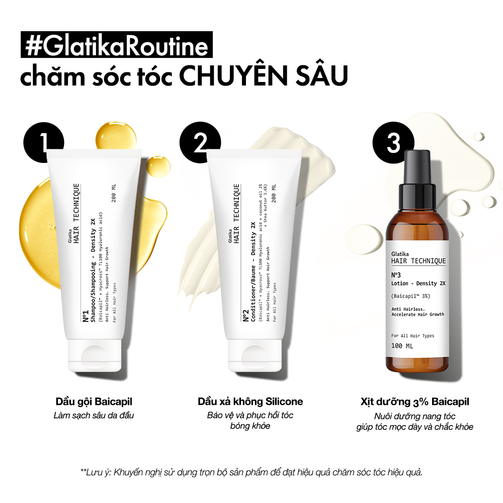Combo 3 bước Glatika Hair Technique Density 2X gồm dầu gội, dầu xả và xịt dưỡng giúp tóc chắc khỏe