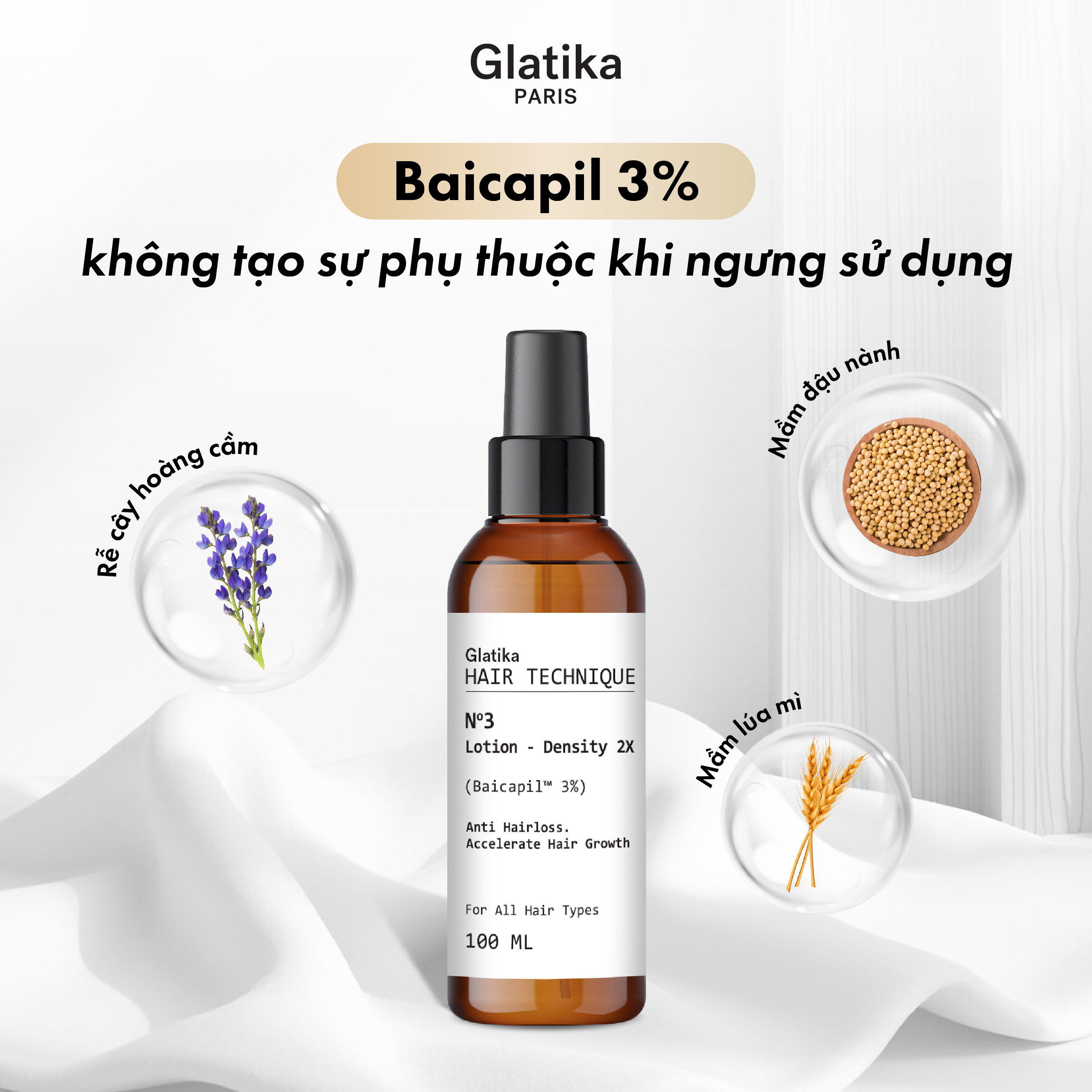 Xịt dưỡng tóc Glatika 3% Baicapil không gây rụng lại khi ngưng dùng